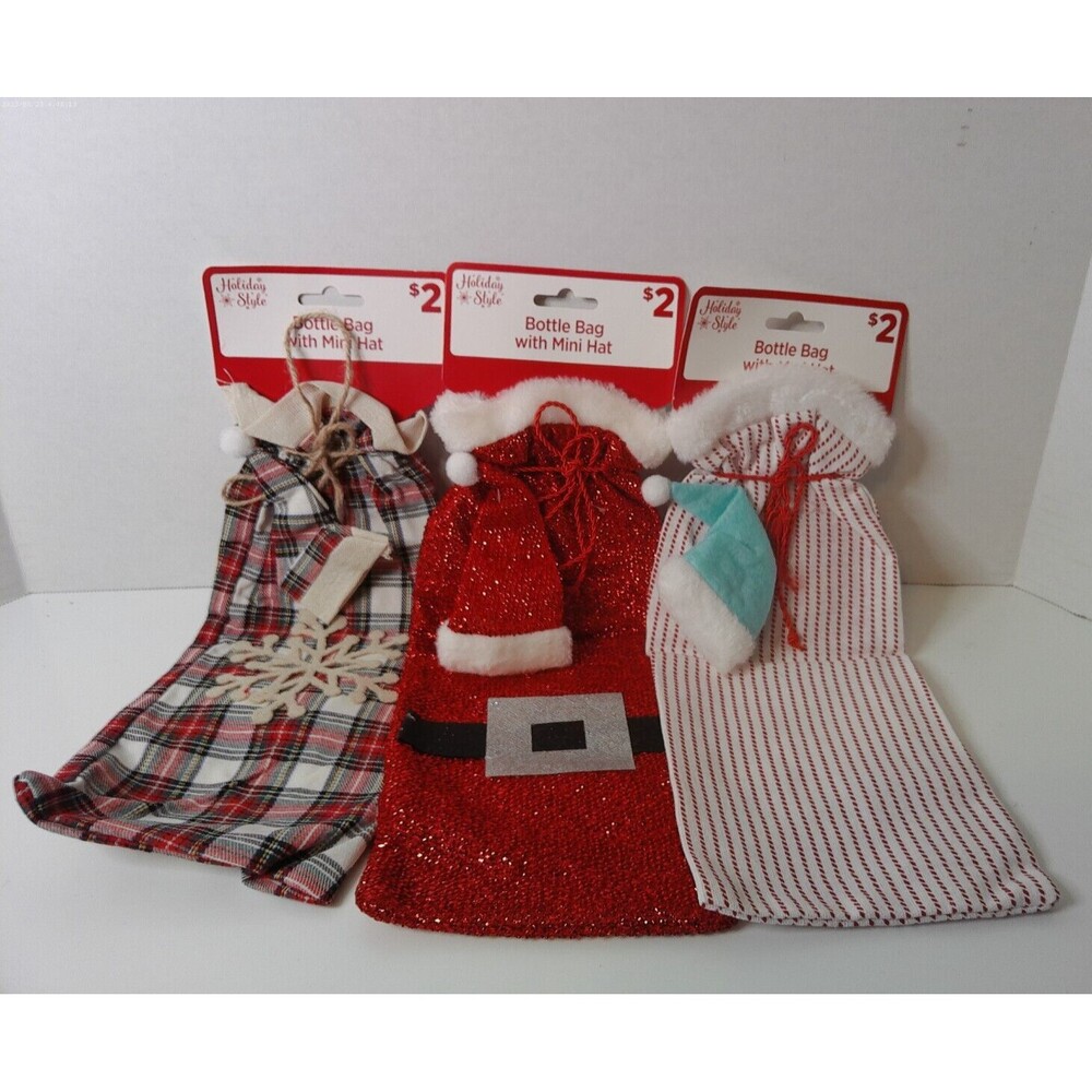 Christmas Bottle Bags With Mini Hats Lot of 3